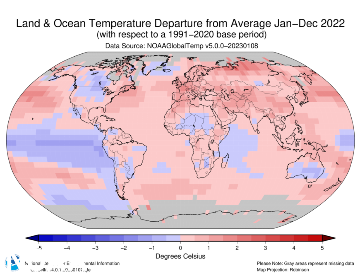 A map of Earth's global average surface temperature in 2022 compared to the 1991-2020 average. 