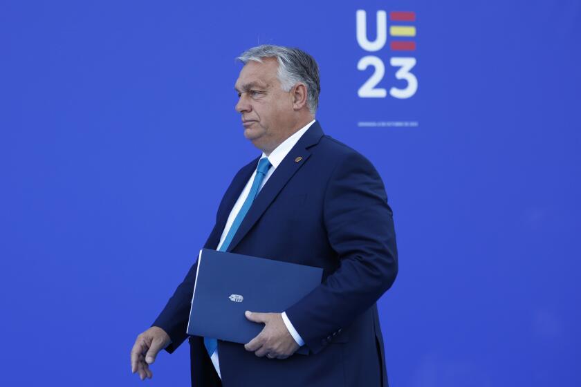 Hungary's Prime Minister Viktor Orban arrives for the 2nd day of the Europe Summit in Granada, Spain, Friday, Oct. 6, 2023. European Union leaders have pledged Ukrainian President Volodymyr Zelenskyy their unwavering support. On Friday, they will face one of their worst political headaches on a key commitment. How and when to welcome debt-laden and war-battered Ukraine into the bloc. (AP Photo/Fermin Rodriguez)