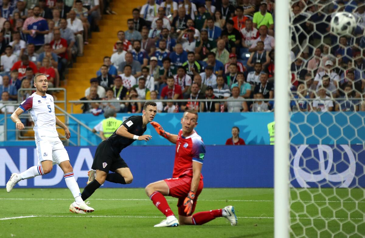 Croatia's Ivan Perisic scores his team's second goal during a World Cup match against Iceland in Rostov-on-Don, Russia, on June 26.