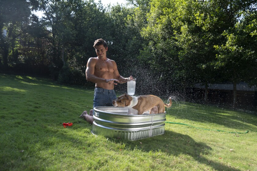 A shirtless man bathes a dog in a metal tub "strange eye"