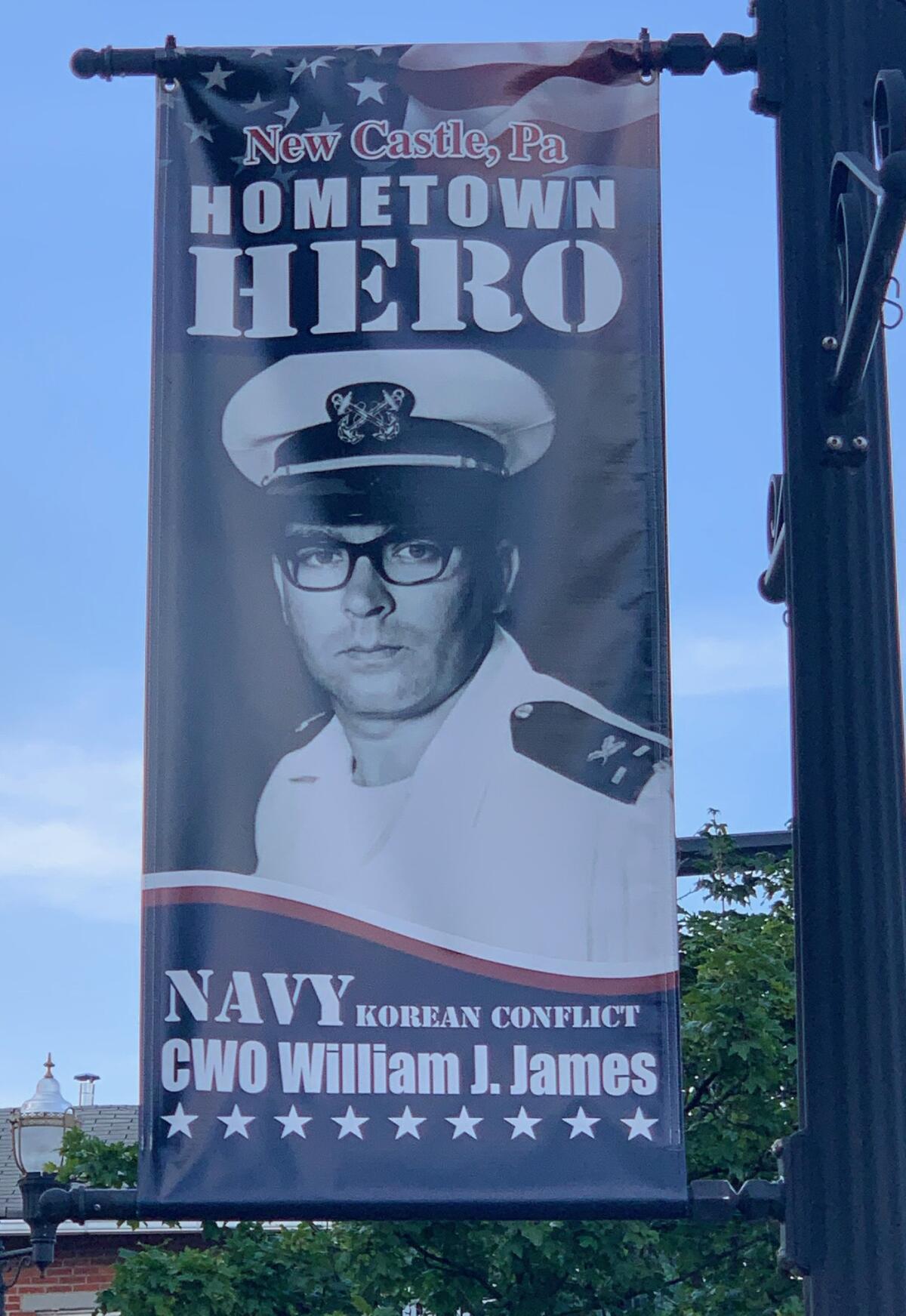 This Hometown Hero banner recognizes Navy veteran William James, the father of Ramona resident Andrea Stykel.