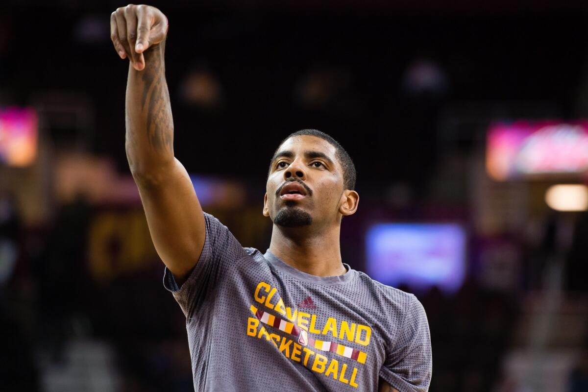 Cleveland's Kyrie Irving warms up prior to a game at against the Lakers on Feb. 10.
