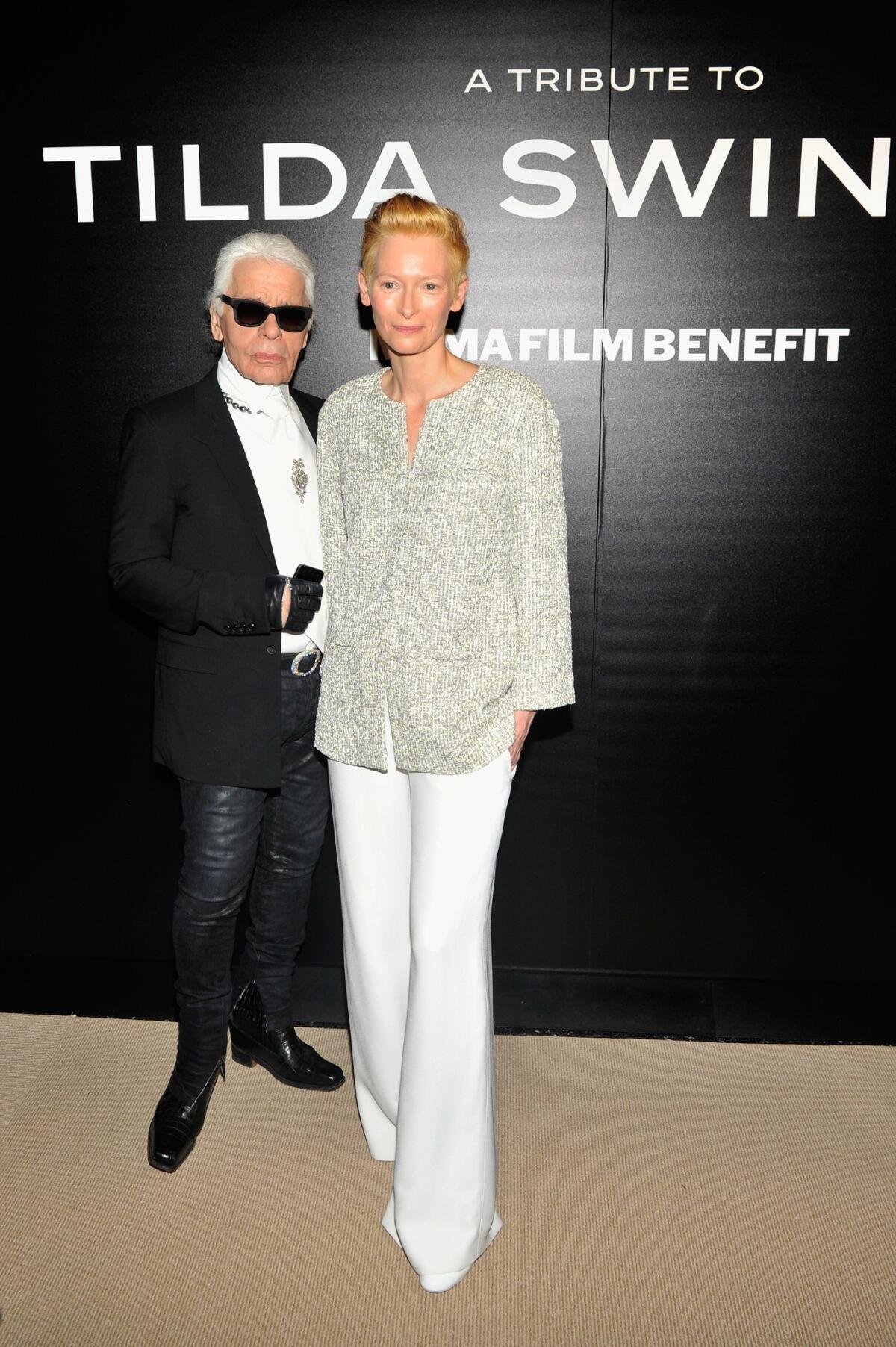 Designer Karl Lagerfeld and actress Tilda Swinton attend the Museum of Modern Art Film Benefit: A Tribute to Tilda Swinton reception at Museum of Modern Art on Tuesday in New York City.