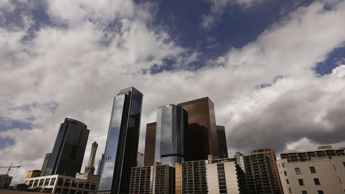 Clouds move over the Los Angeles skyline Tuesday morning on Feb. 27.