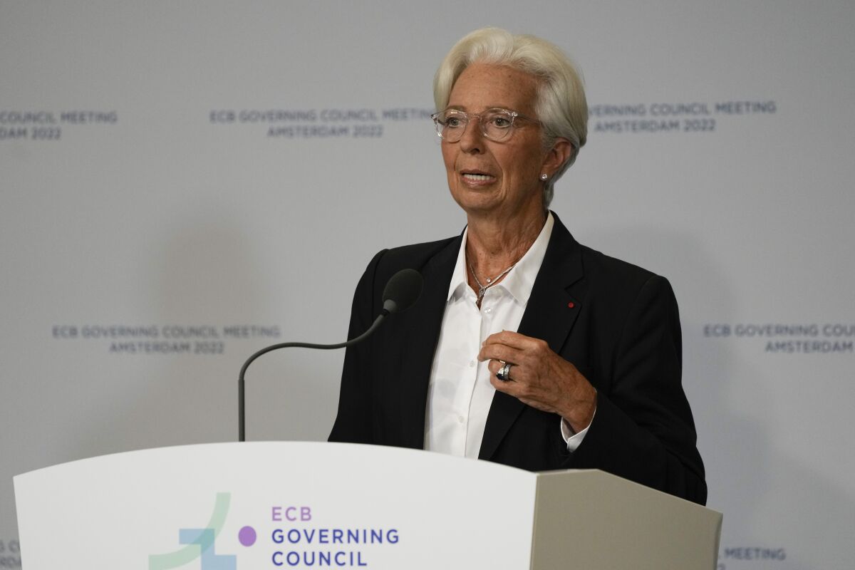 Christine Lagarde, European Central Bank President explains the Governing Council's monetary policy decisions during a press conference in Amsterdam, Netherlands, Thursday, June 9, 2022. The European Central Bank said it would carry out its first interest rate increase in 11 years in July, followed by another hike in September. The bank made the surprise move Thursday, saying that inflation had become a "major challenge" and that inflationary forces had "broadened and intensified." (AP Photo/Peter Dejong)
