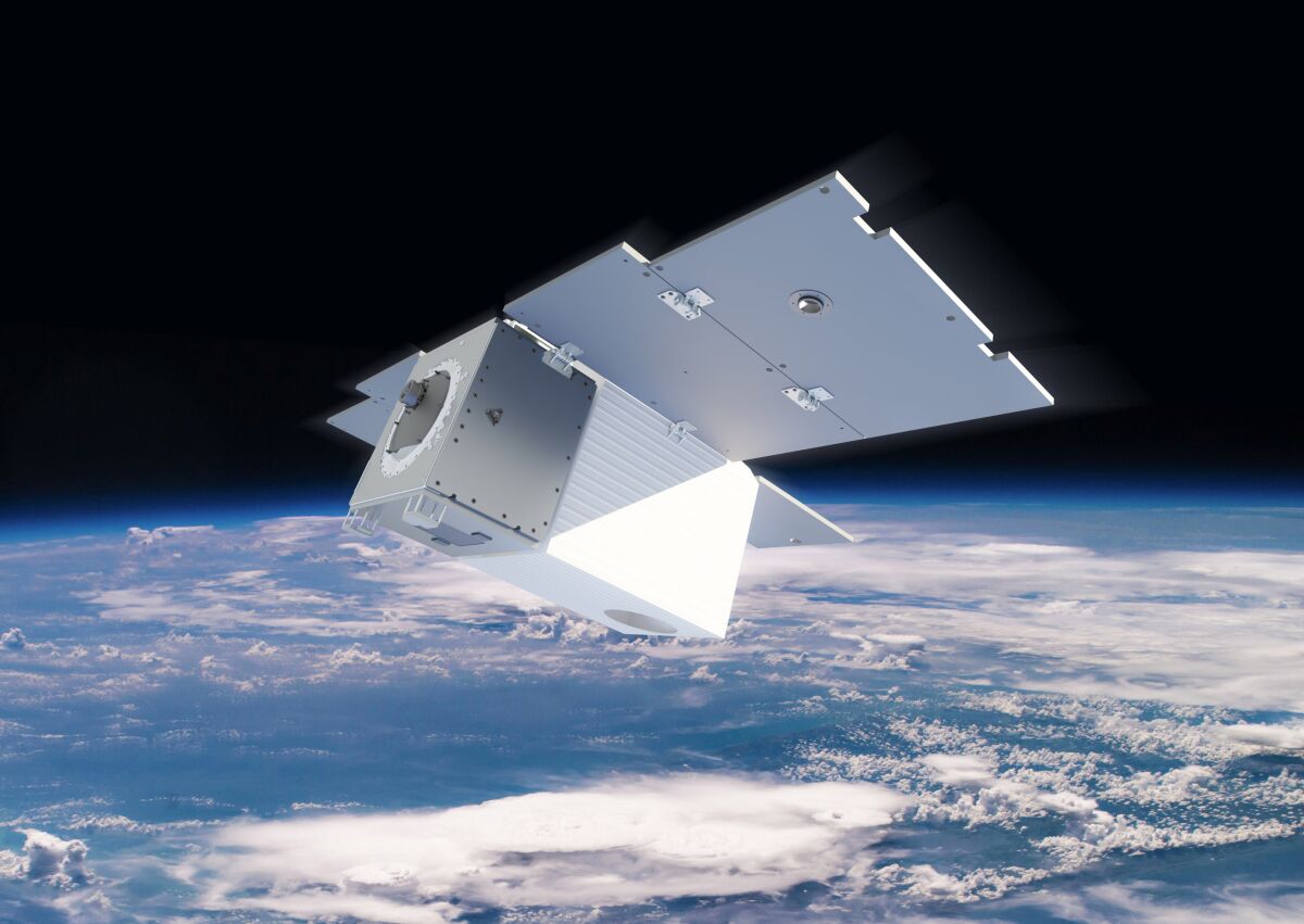 A rendering of a satellite in space over Earth.