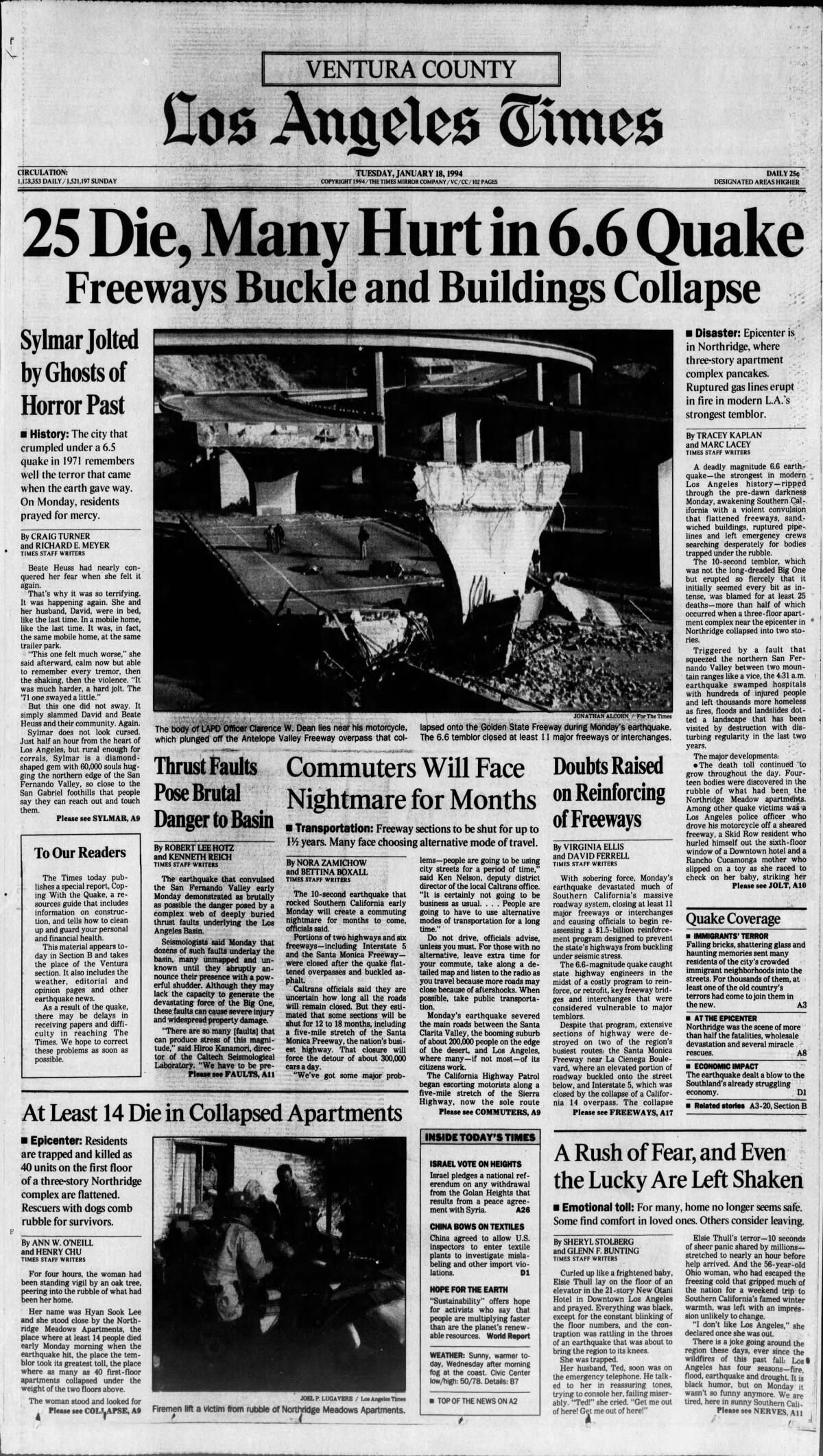 The Los Angeles Times dedicated the front page to coverage of a 6.7 magnitude quake centered in Northridge
