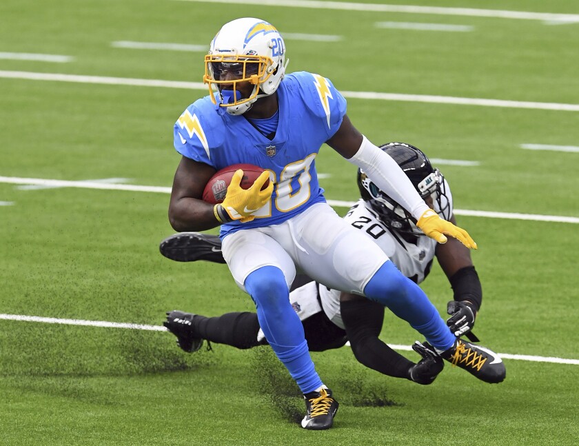 Chargers defensive back Desmond King returns a punt against the Jacksonville Jaguars.