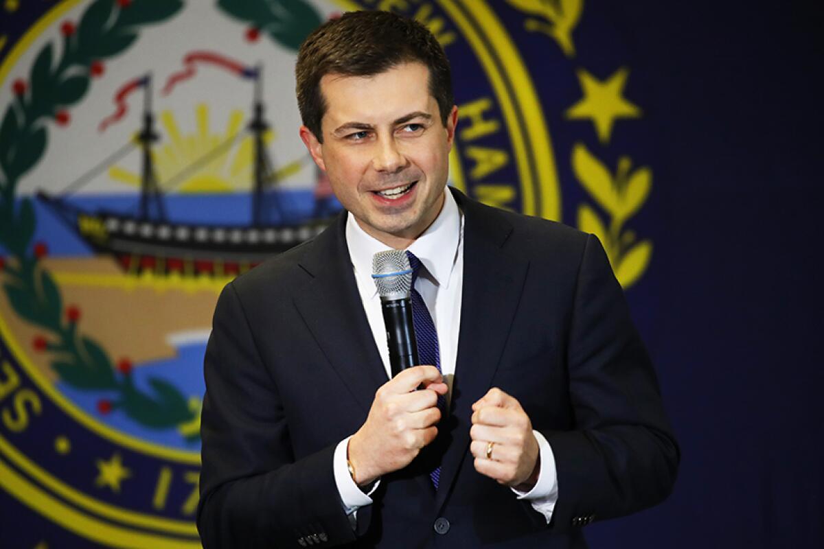 Democratic presidential candidate Pete Buttigieg speaks at a rally in Laconia, N.H.
