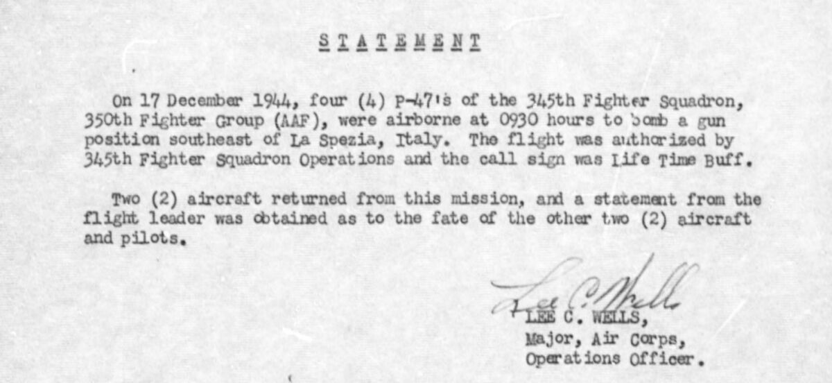 A statement on the disappearance of two P-47 planes on Dec. 17, 1944.