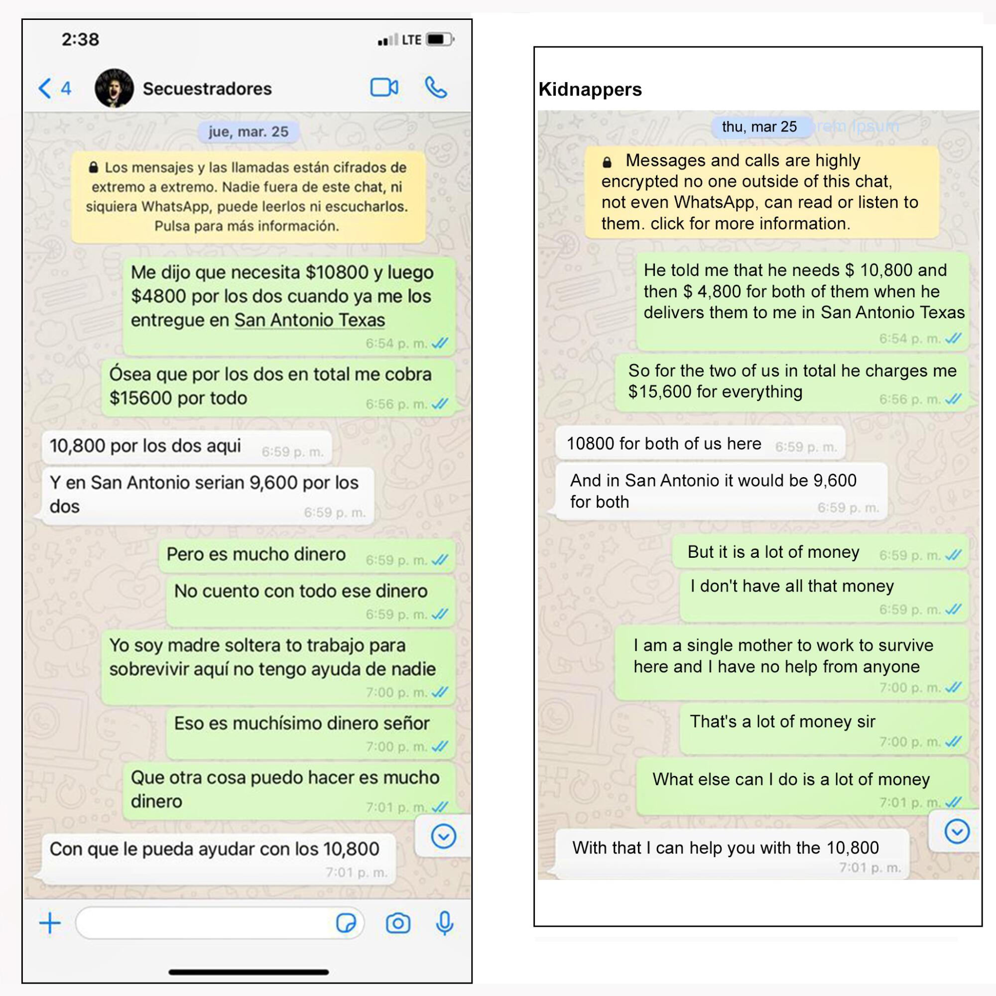 Two screens of text messages, in Spanish on the left and English on the right.