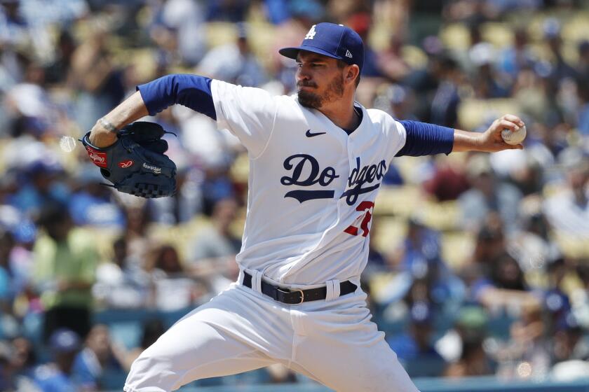 LOS ANGELES, CA - JULY 27, 2022: Los Angeles Dodgers starting pitcher Andrew Heaney (28) pitched four scoreless innings against the Washington Nationals on July 27, 2022 in Los Angeles, California.(Gina Ferazzi / Los Angeles Times)