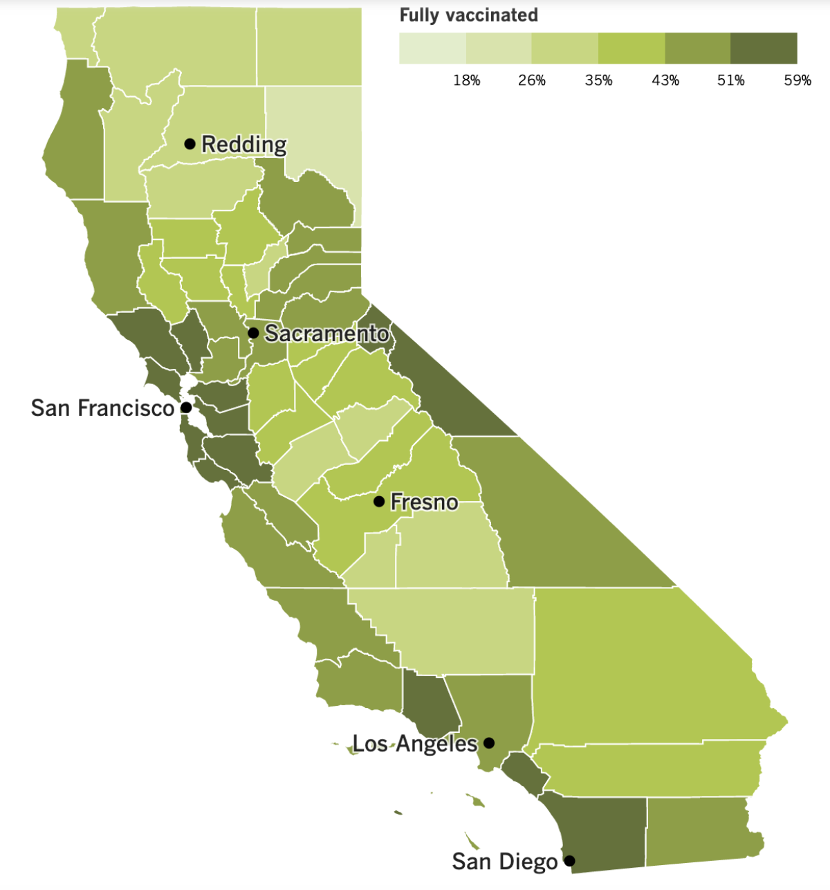 A map of the state that shows vaccination rates by county.