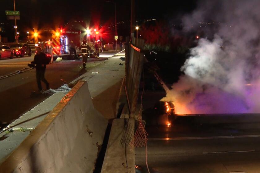 Two men were injured Sunday evening after their Tesla drove off a freeway overpass in Los Feliz