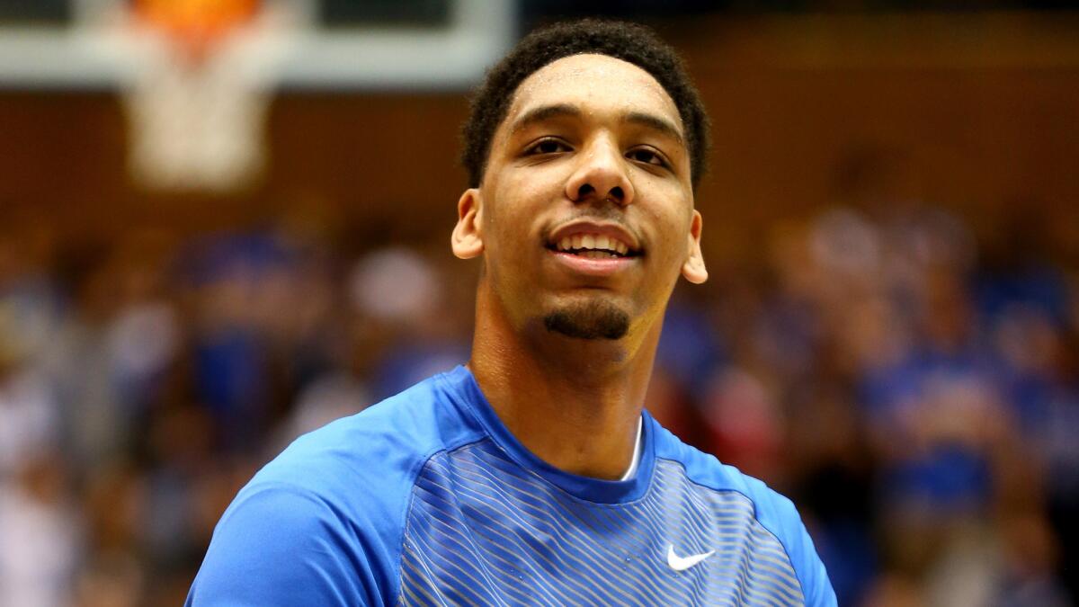 Duke's Jahlil Okafor warms up before a game against Pittsburgh on Jan. 19, 2015.