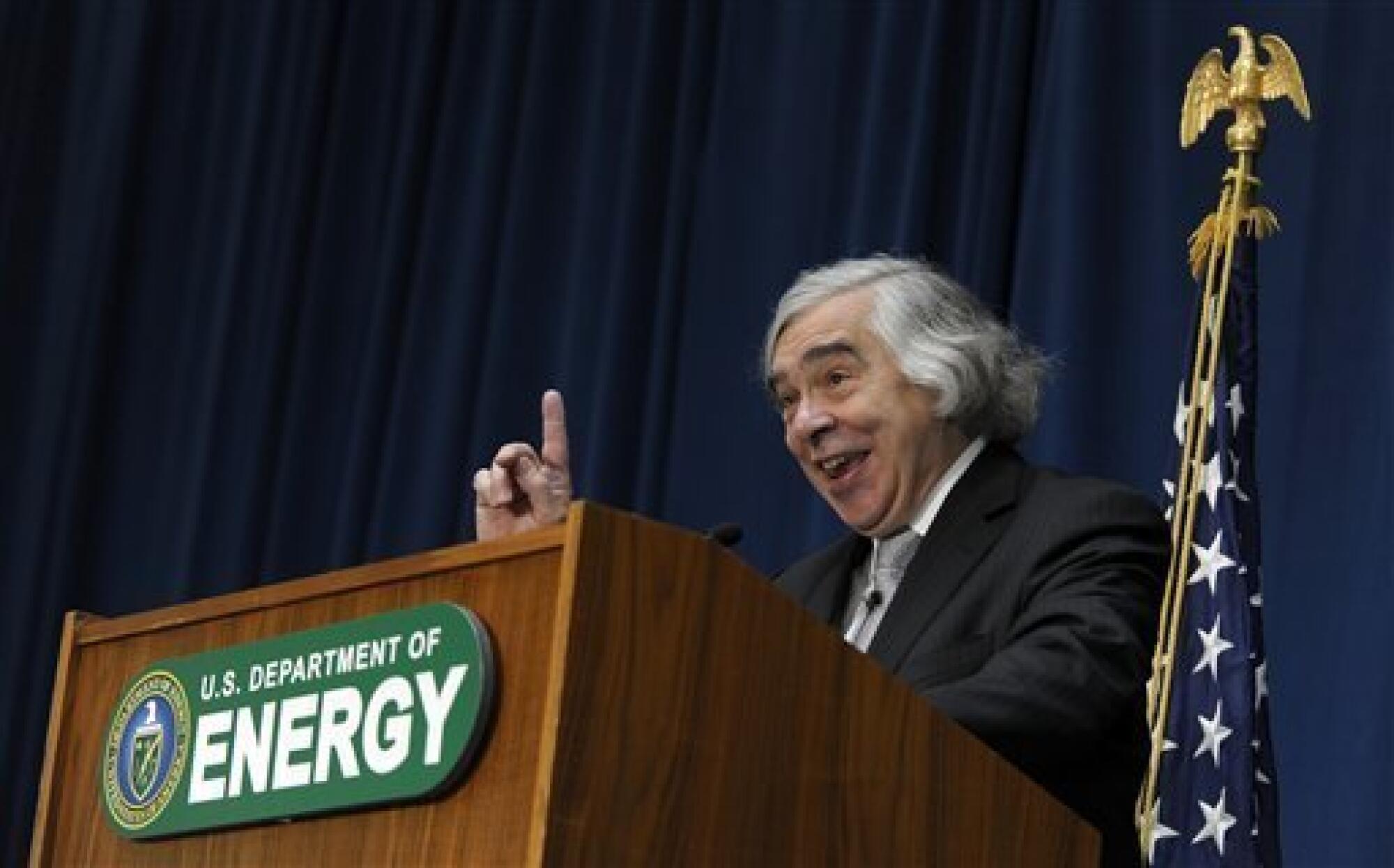 Dr. Ernest Moniz speaks after being sworn in as Energy Secretary, Tuesday, May 21, 2013, during a ceremony at the Energy Department in Washington.