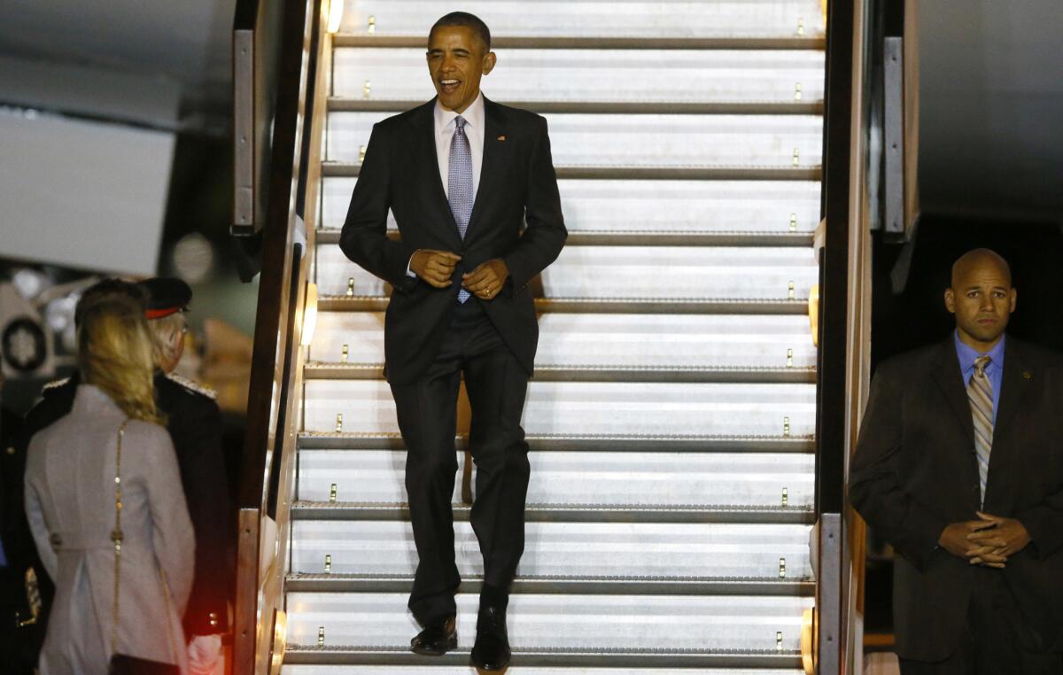 President Obama arrives at Stansted Airport outside London on Thursday.