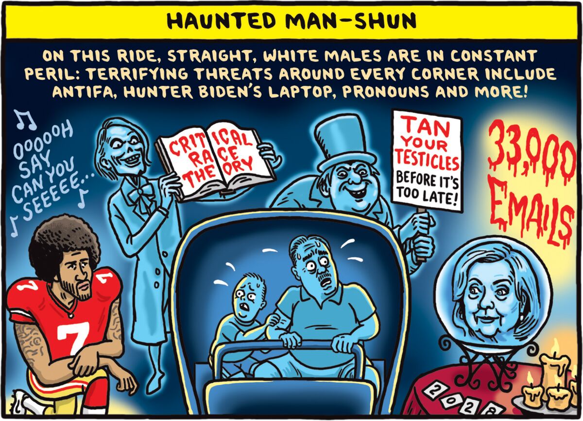 Comic of man and boy on ride looking fearful as they see Colin Kaepernick kneel and Hillary Clinton's head in a crystal ball.