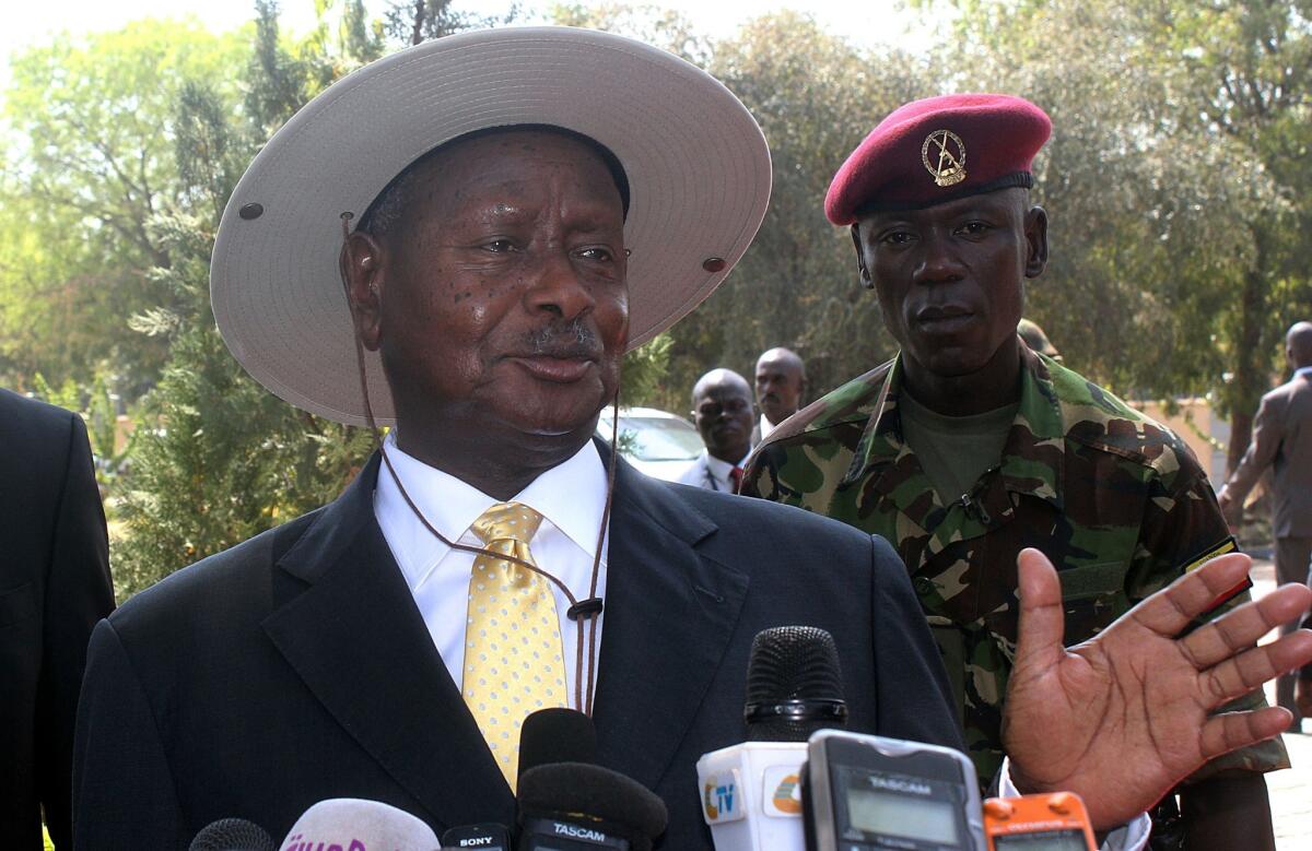 Ugandan President Yoweri Museveni, shown on a Dec. 30 visit to South Sudan, has decided not to sign anti-gay legislation passed by parliament late last year.
