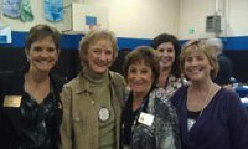 Del Mar Rotarians celebrate their past and future leaders: (from left) Past President and Assistant District Governor Janice Kurth, Club Secretary Peggy Martin, 2011-2012 President Sharyn Daly, RYLA Chair Marta Hoyt and incoming President of the 2012-2013 year Val Myers.