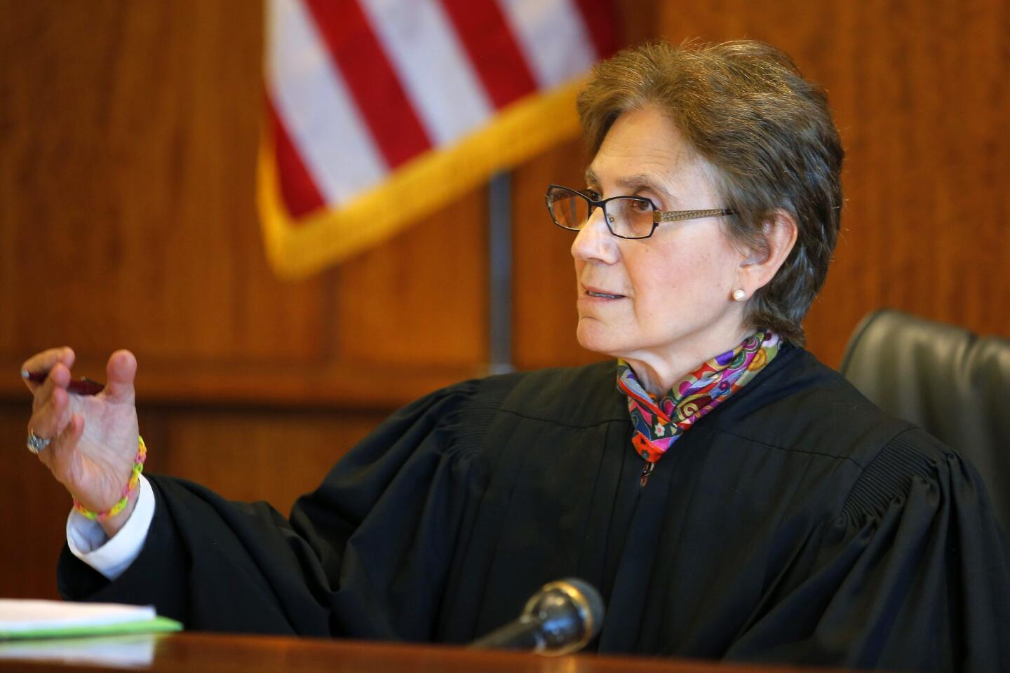 Judge Susan Garsh speaks during a pre-trial hearing in the case of Aaron Hernandez, former player for the NFL's New England Patriots football team, at the Bristol County Superior Court in Fall River, Massachusetts October 9, 2013, in connection with the death of semi-pro football player Odin Lloyd in June. Hernandez, who was a rising star in the NFL before his arrest and release by the Patriots, has pleaded not guilty.