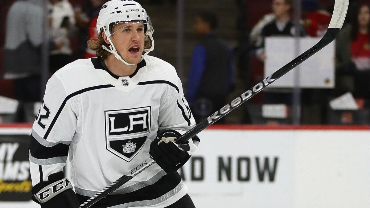 Kings' Carl Hagelin participates in warm-ups before a game against the Chicago Blackhawks on Nov. 16 in Chicago.