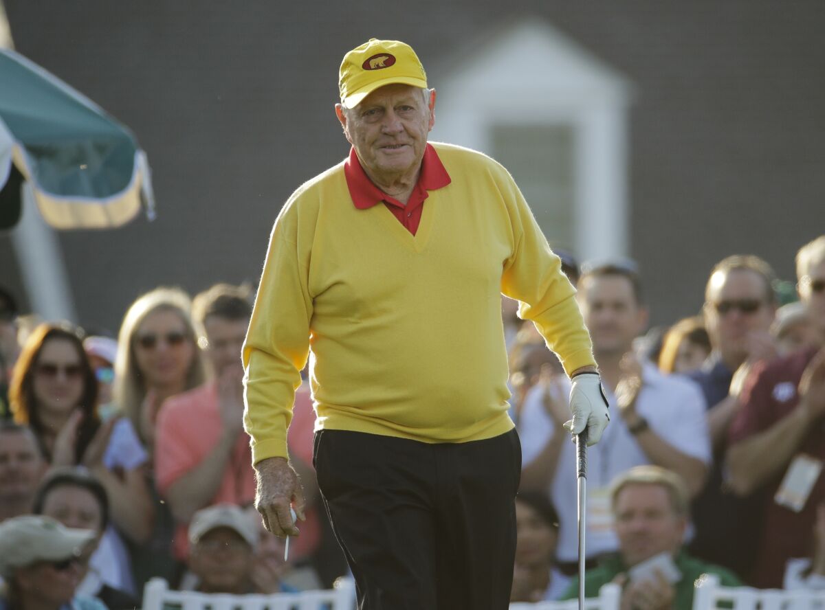Jack Nicklaus hits a ceremonial tee shot at Augusta National on April 11, 2019.
