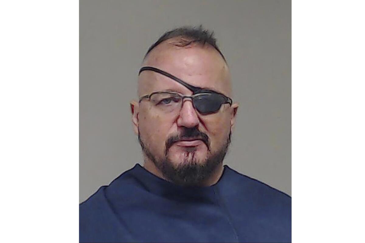FILE - This photo provided by the Collin County Sheriff's Office shows Stewart Rhodes. The high-profile seditious conspiracy trial for the leader of the far-right Oath Keepers extremist group will begin later in September 2022, after a judge on Wednesday, Sept. 7, rejected a last-minute bid by Stewart Rhodes to replace his attorneys and delay his case. (Collin County Sheriff's Office via AP, File)