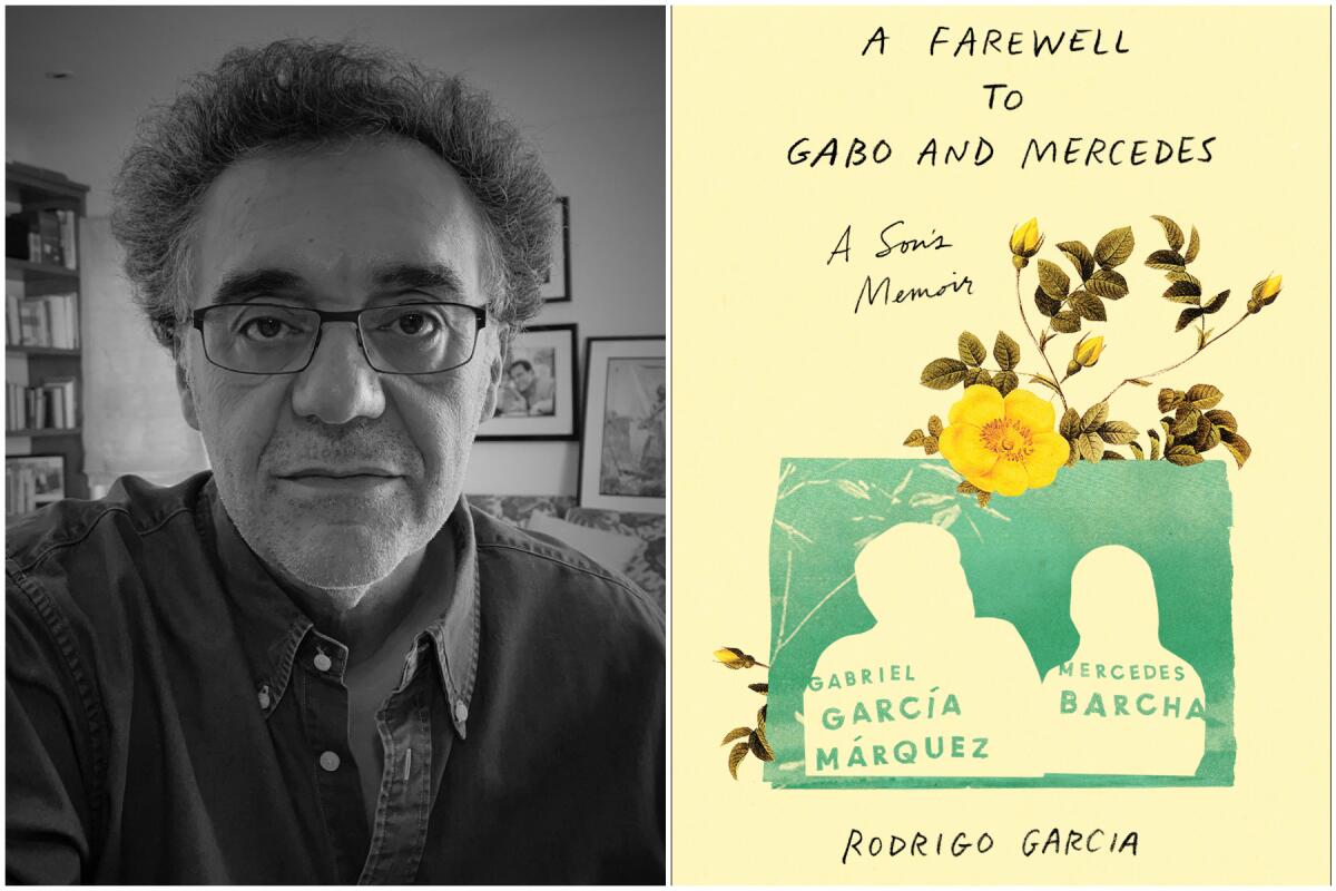 A black-and-white photo of Rodrigo Garcia next to the cover of his book "A Farewell to Gabo and Mercedes."