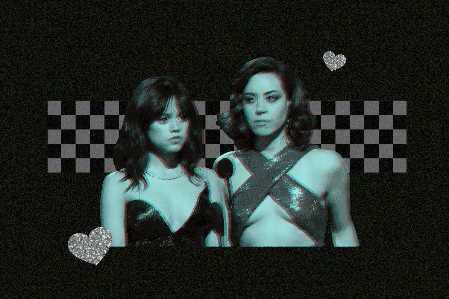 Jenna Ortega and Aubrey Plaza appear deadpan, checkered pattern and glittery hearts appear beside them 