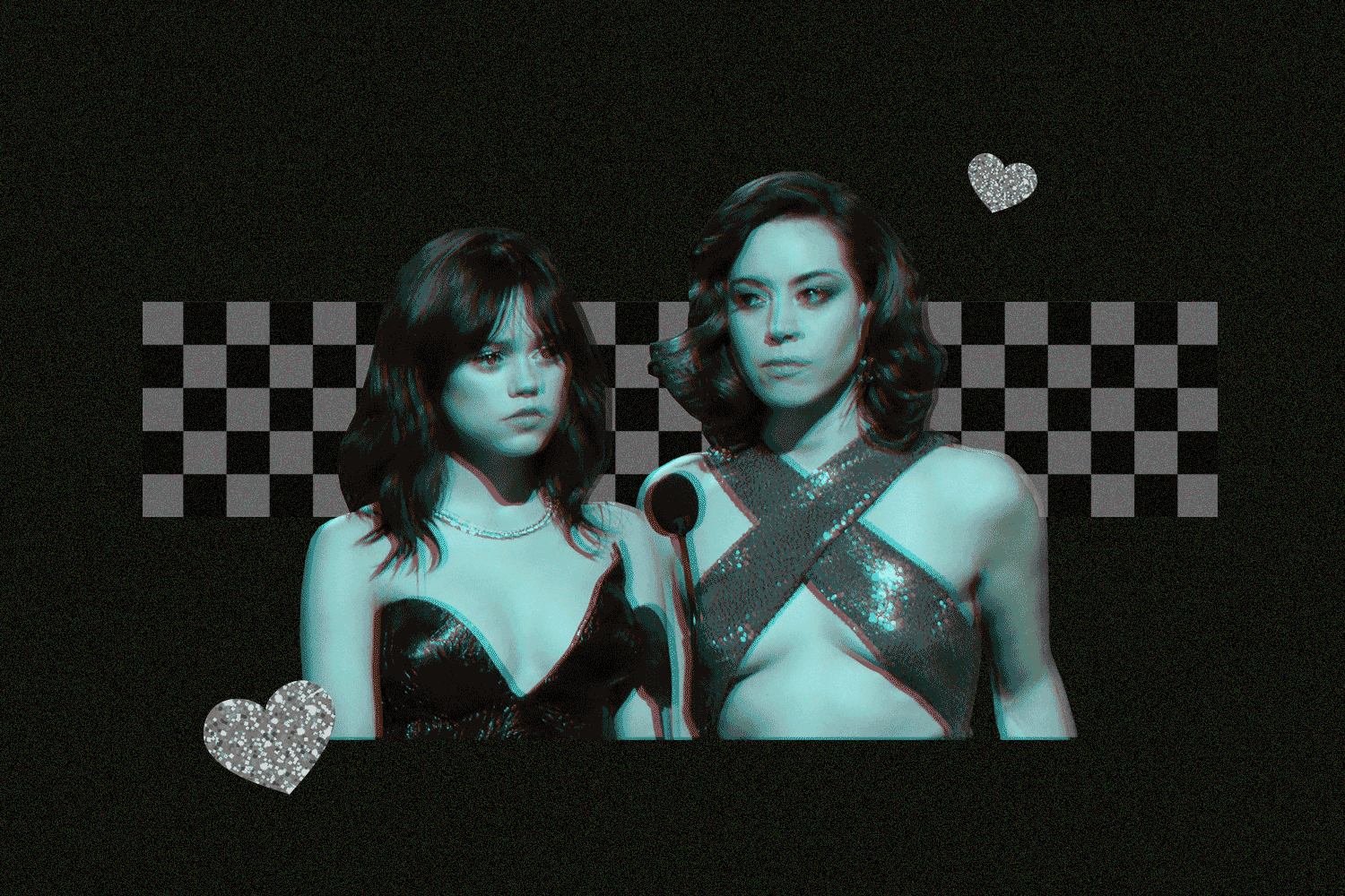 Jenna Ortega and Aubrey Plaza appear deadpan, checkered pattern and glittery hearts appear beside them