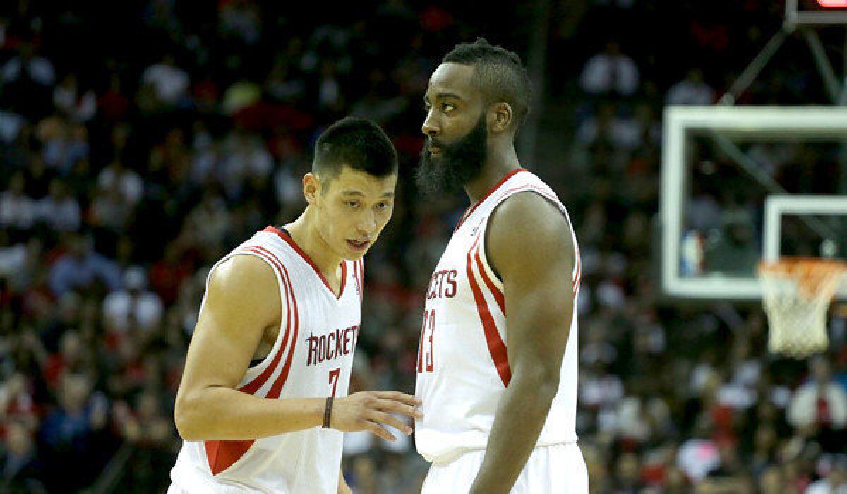 Houston's Jeremy Lin and James Harden react to a call against the Miami Heat.