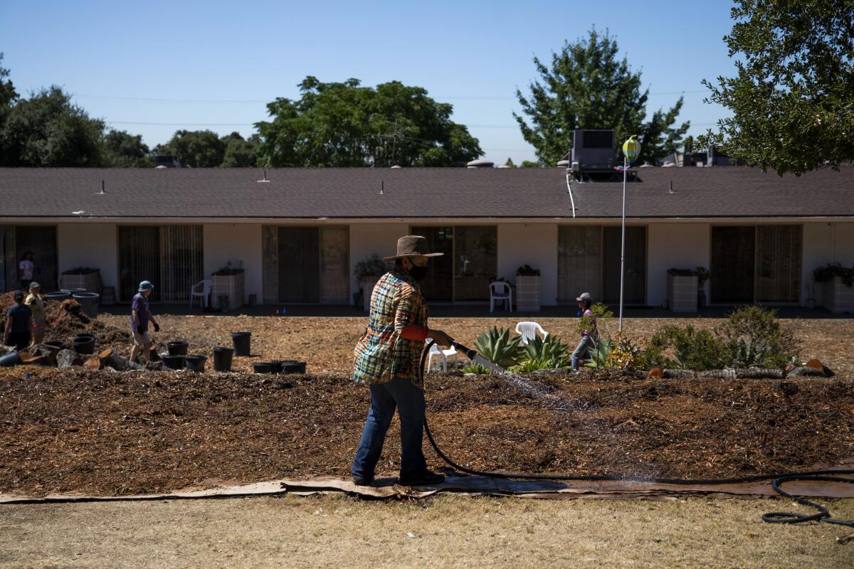 Volunteer Luz Oller hoses down the mulch to complete the sheet mulching process.