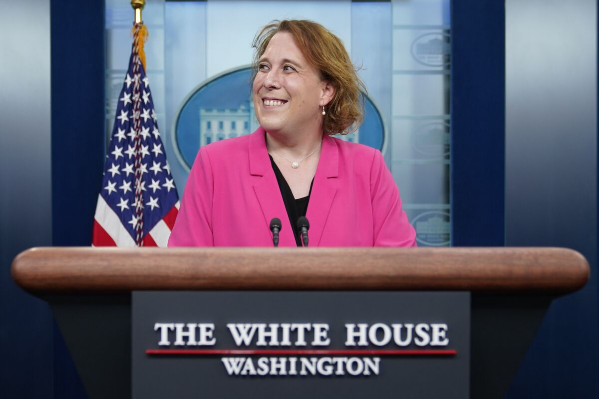 “Jeopardy!” champion Amy Schneider speaks with members of the press at the White House on Transgender Day of Visibility.