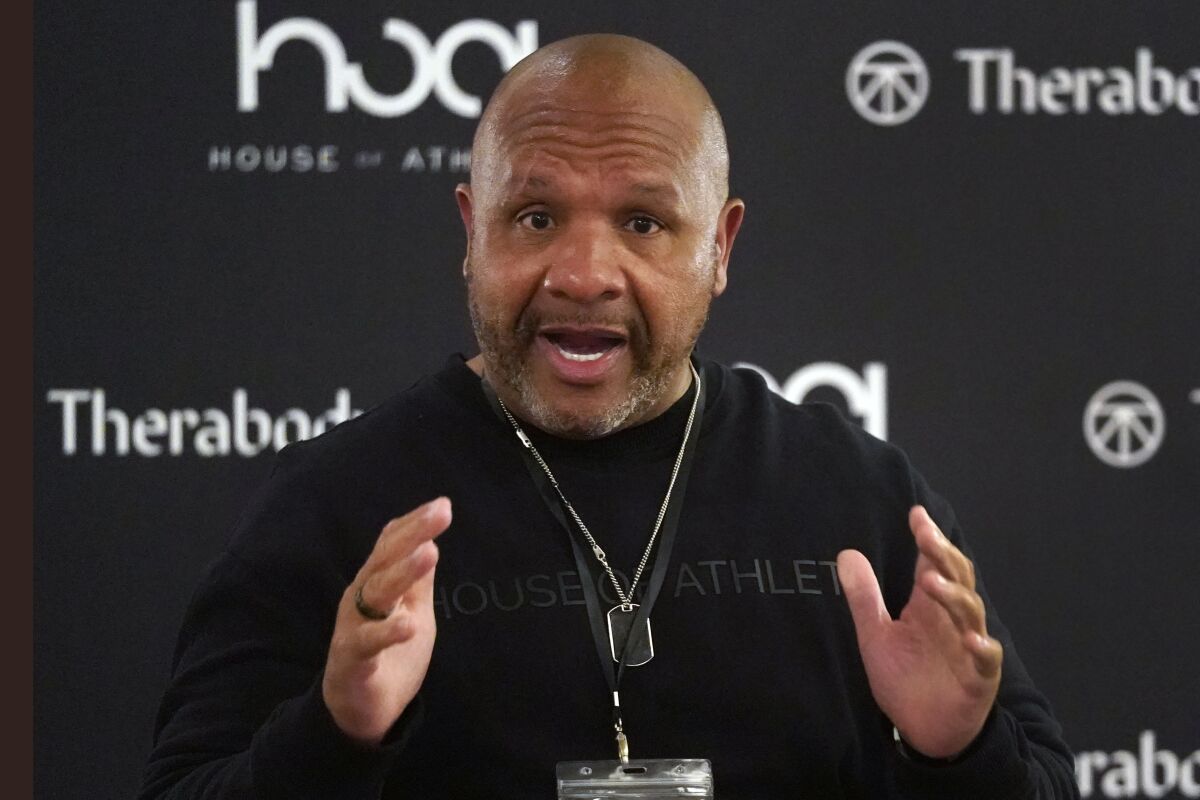 Hue Jackson speaks during the House of Athlete scouting combine in Plantation, Fla., on March 3, 2021.