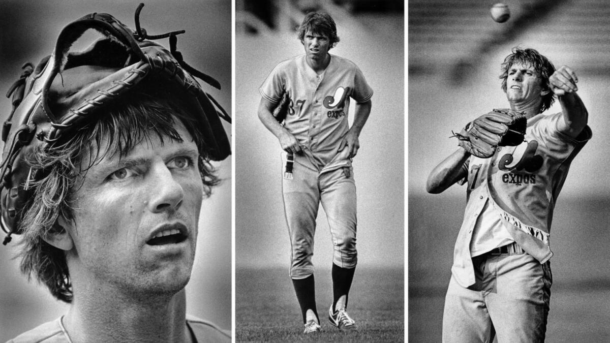 Pitcher Bill “Spaceman” Lee of the Montreal Expos wears a baseball mitt and unkempt uniform during warmups at Dodger Stadium