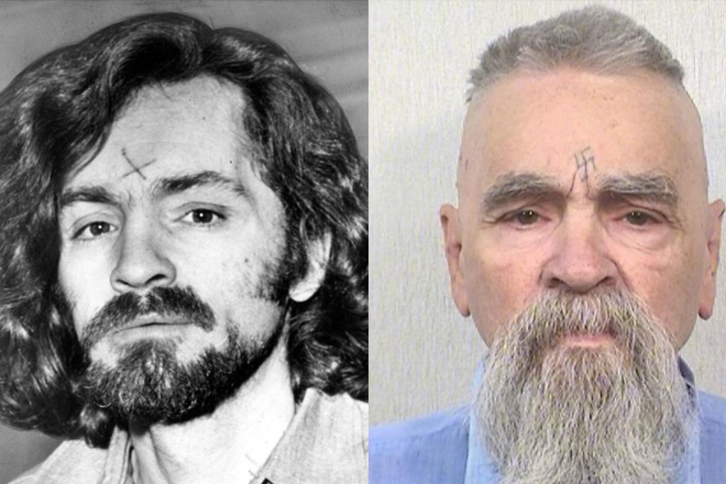 Charles Manson, at left, on his way to court in 1970 and, at right, in 2014.