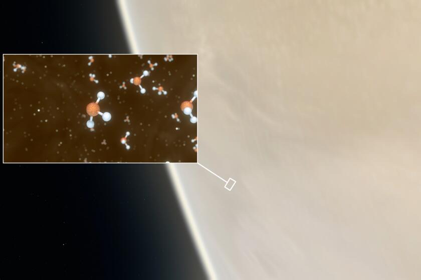 An illustration of phosphine molecules above Venus