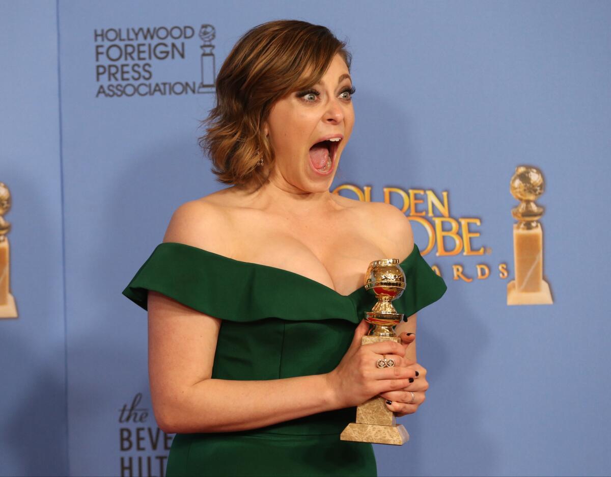 Rachel Bloom with her Golden Globe for lead actress in at TV comedy or musical series at the Golden Globe Awards show at the Beverly Hilton Hotel on Jan. 10.