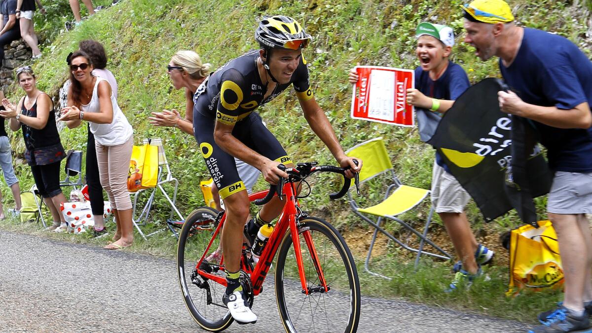 Lilian Calmejane receives plenty of encouragement as he breaks away during State 8 of the Tour de France on Saturday.