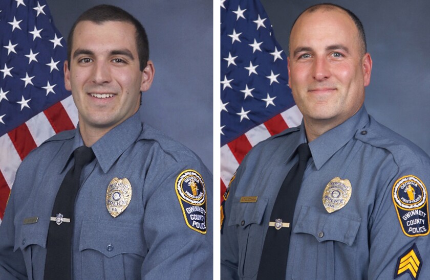 FILE - This combination of undated photos provided by the Gwinnett County Police Department shows Master Police Officer Robert McDonald, left, and Sgt. Michael Bongiovanni in their official portraits. A man who was punched and kicked in the head by the two Atlanta-area police officers during a traffic stop nearly five years ago has reached a settlement with the county that employed them, his lawyers said Tuesday, Jan. 11, 2022. Demetrius Hollins filed a federal lawsuit in September alleging that the stop was unjustified and that the Gwinnett County officers used excessive force. (Gwinnett County Police Department via AP)