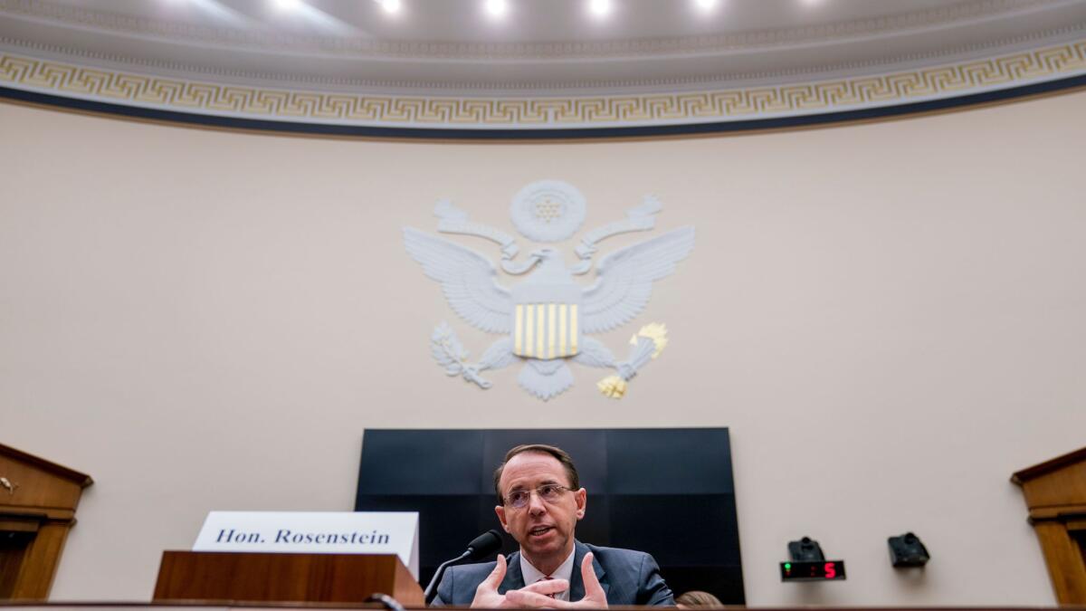 Deputy Atty. Gen. Rod Rosenstein speaks before a House Judiciary Committee hearing on Wednesday. He defended special counsel Robert S. Mueller III from Republican accusations that the investigation into President Trump's allies was tainted by partisan bias.