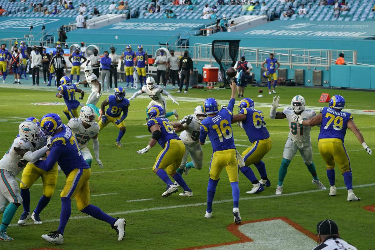 Rams quarterback Jared Goff throws during Sunday's loss to the Miami Dolphins.