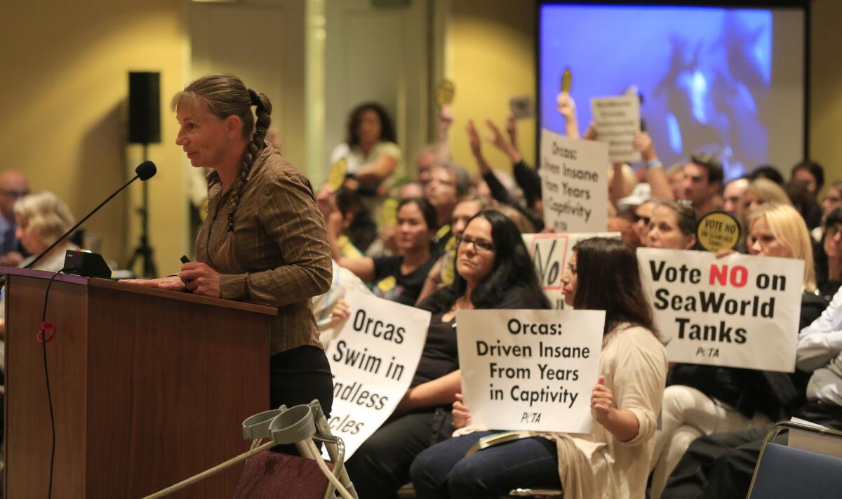 People for the Ethical Treatment of Animals (PETA) supporters hold up signs while listening to Dr. Ingrid Visser address a California Coastal Commission meeting at the Long Beach Convention Center on Oct. 8.