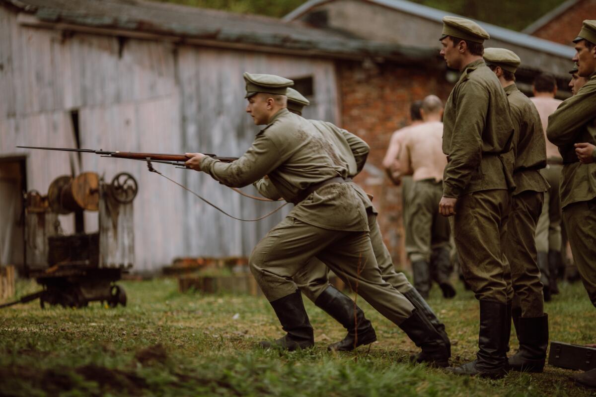 Soldiers train in World War I Latvia in the movie "Blizzard of Souls."