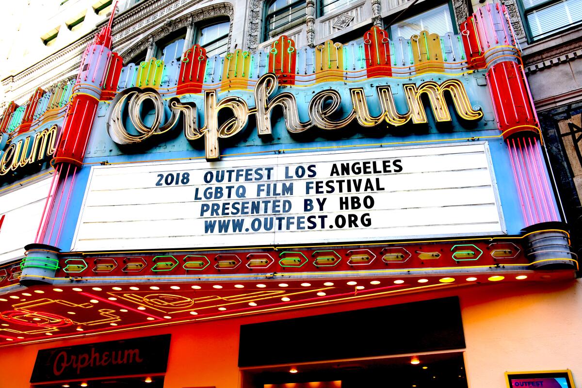 The Orpheum marquee in 2018 during Outfest.