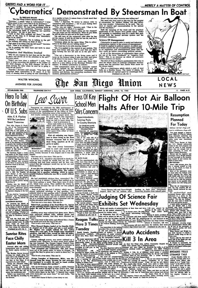Front page of the local news section of The San Diego Union April 10, 1966 