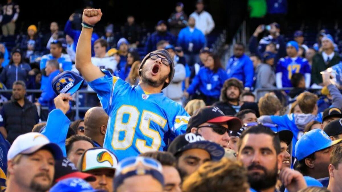 Chargers fan Edgar Herrera shows his appreciation for the team after a loss to the Chiefs, 37-27, in San Diego on Jan. 1.