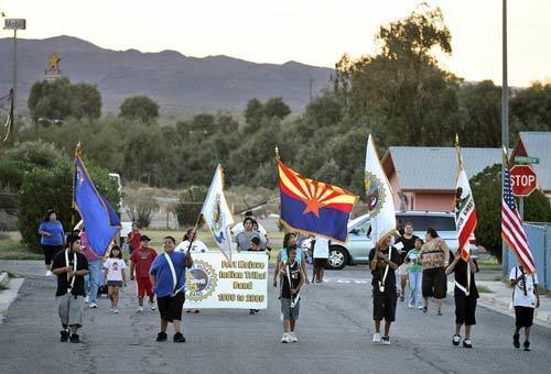 Fort Mojave Indian Tribe Band marches down the street of a reservation village outside Needles during a rehersal  a scene that has been a tradition here on the California-Arizona border for 100 years.