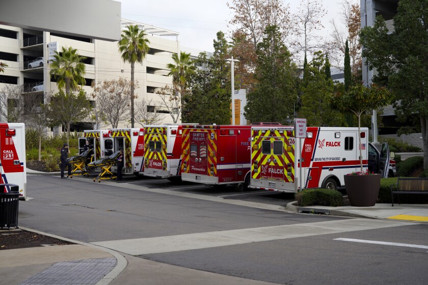Several ambulances were parked at the emergency room at Sharp Memorial Hospital on Tuesday, Jan. 18, 2022 in San Diego, CA. 